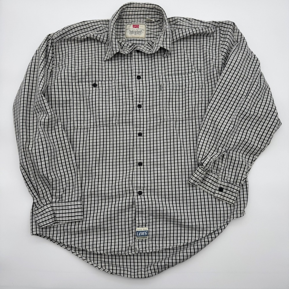 Levis Mens XL Long Sleeve Button Down‎ Shirt Black White Check Plaid 100% Cotton